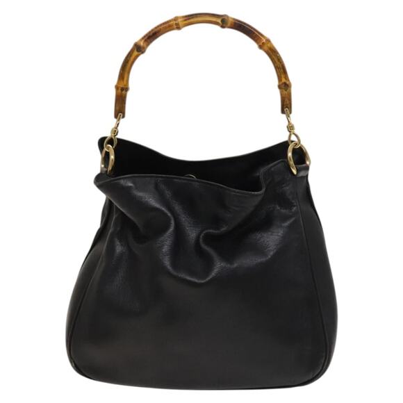 GUCCI Bamboo Hand Bag Leather Black Gold 001 001 - Picture 3 of 16